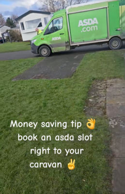 TikTok post from Charlene Hutchison showing her Asda online order being delivered direct to the door of her caravan